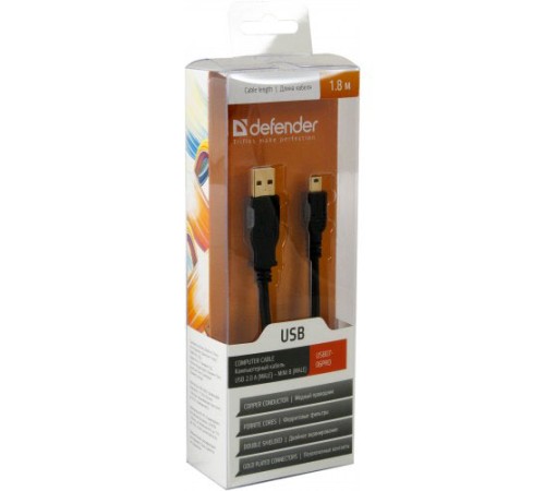 USB07-06PRO Кабель Defender USB 2.0 AM-miniB (5pin), 1.8m, зол. контакты, фер. фильтры, box-60 87423 USB07-06PRO Кабель Defender USB 2.0 AM-miniB (5pin), 1.8m, зол. контакты, фер. фильтры, box-60 87423