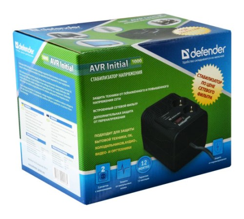 Cетевой стабилизатор Defender AVR Initial 1000/320W (вых роз.: 2 c з-змл.; вх 175-285В), box-4 (99018) Cетевой стабилизатор Defender AVR Initial 1000/320W (вых роз.: 2 c з-змл.; вх 175-285В), box-4 (99018)
