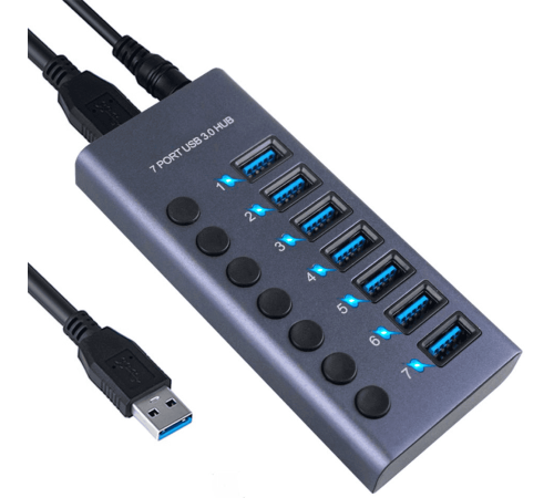 USB 3.0 хаб на 7 портов с блоком питания 12В для зарядки, поддержка Mac OS и Android.