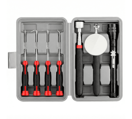 Набор магнитных щупов с телескопическим зеркалом и светодиодной лампой и крючками  для снятия уплотнителей  7 предметов